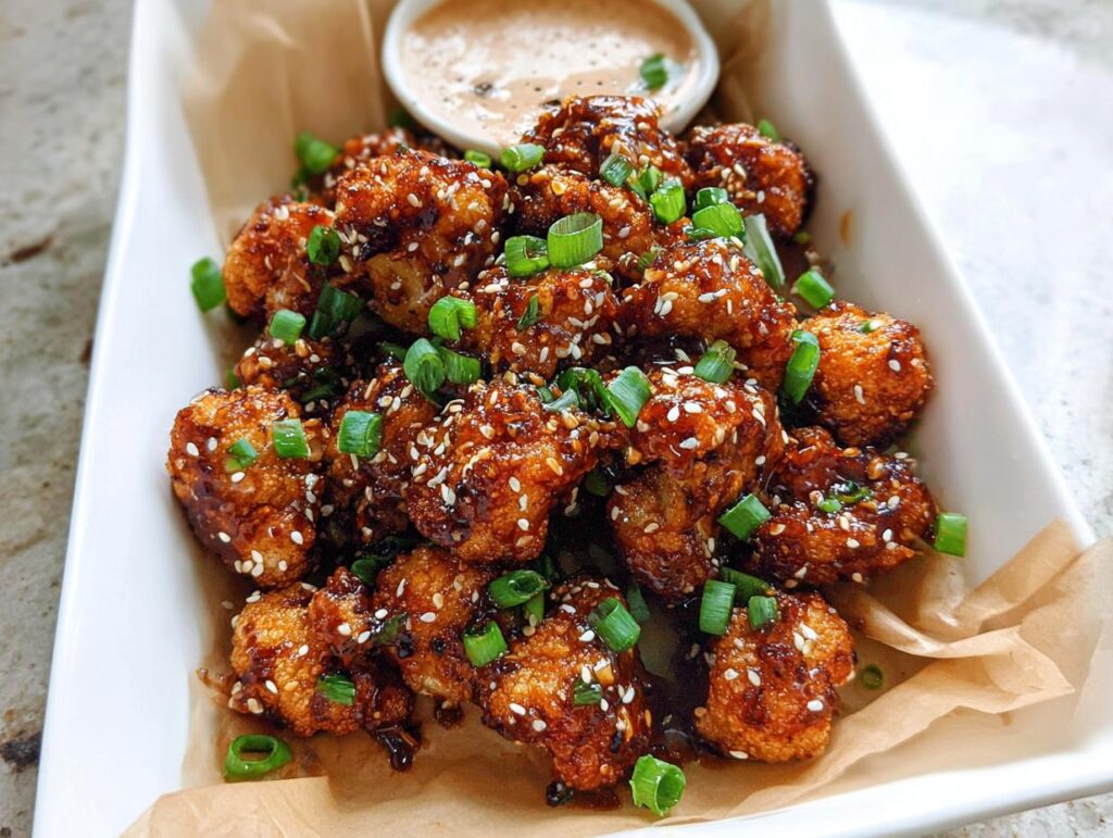 Close-up of Irresistible Sticky Honey Garlic Cauliflower, coated in a glossy sauce and sprinkled with sesame seeds and green onions.