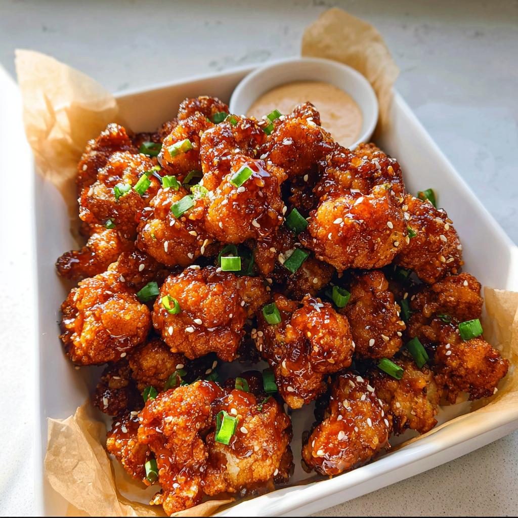 Close-up of Irresistible Sticky Honey Garlic Cauliflower bites, coated in a glossy sauce and sprinkled with sesame seeds and green onions.