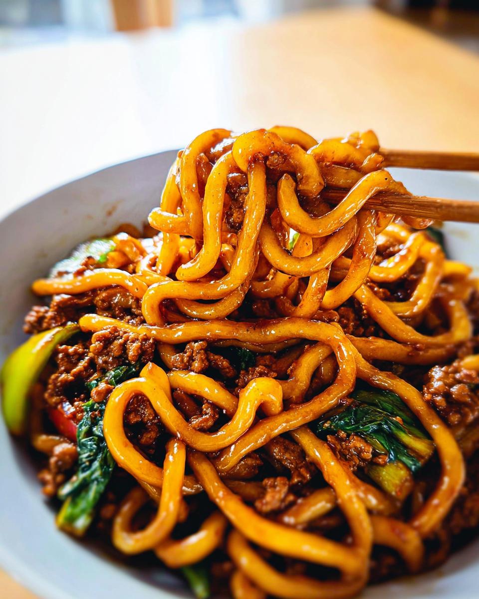 Close-up of thick, glossy noodles being lifted with chopsticks from a bowl of Irresistible Yaki Udon Noodle Recipe with ground meat and greens.