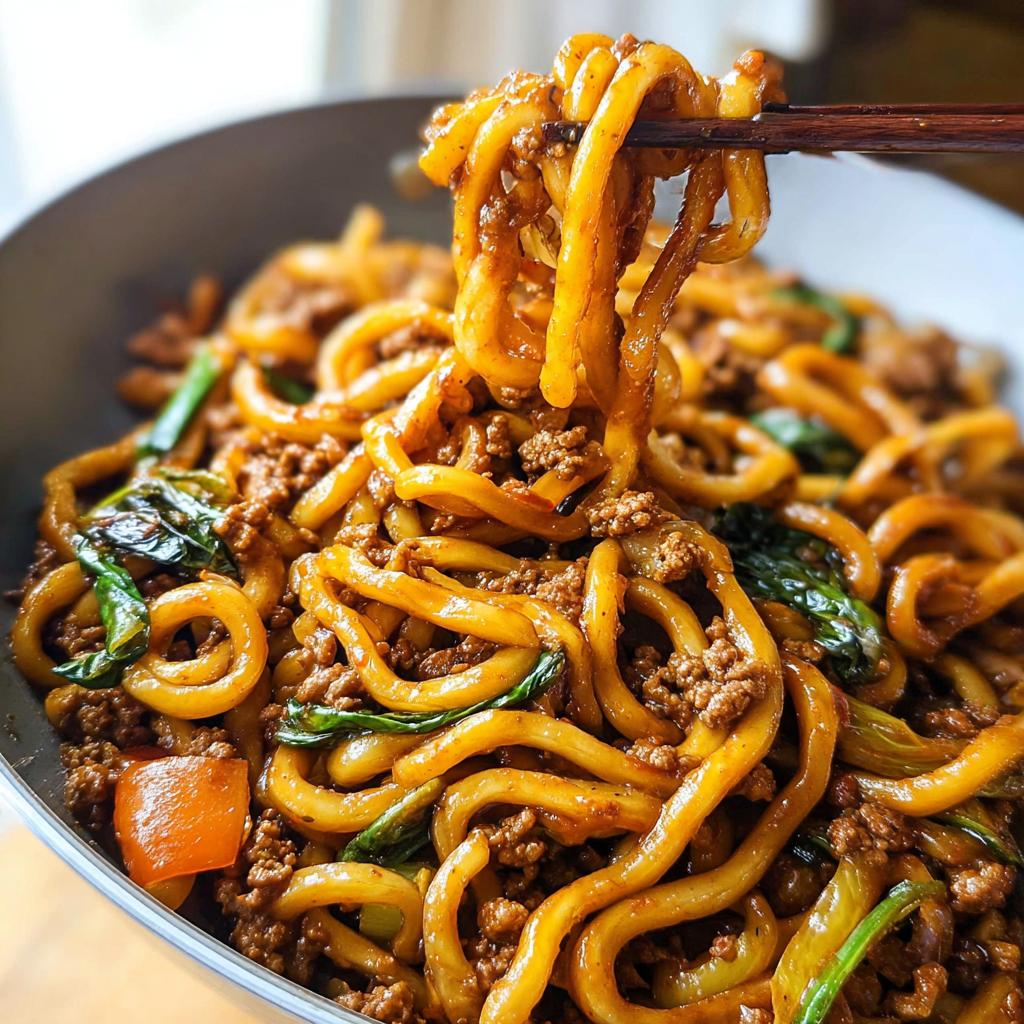 Close-up of a bowl of Irresistible Yaki Udon Noodles with ground meat and greens, being lifted by chopsticks.