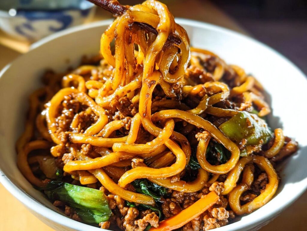 A close-up shot of a bowl filled with Irresistible Yaki Udon Noodles, featuring thick noodles coated in a savory sauce with minced meat and vegetables.