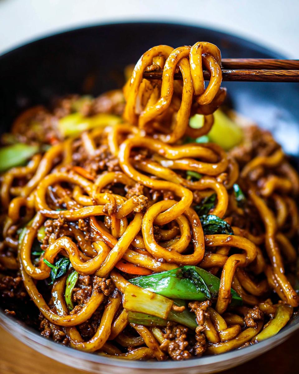 Close-up of a bowl filled with Irresistible Yaki Udon Noodles, being lifted with chopsticks, showing ground meat and vegetables.
