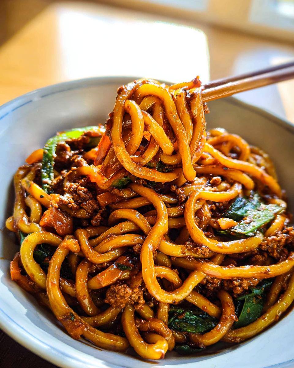 Close-up of a bowl of Irresistible Yaki Udon Noodles, with chopsticks lifting a portion.