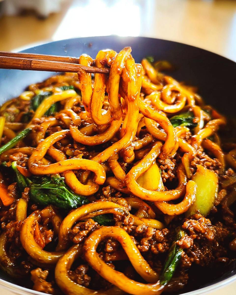 Close-up of thick udon noodles being lifted with chopsticks from a pan of Irresistible Yaki Udon.