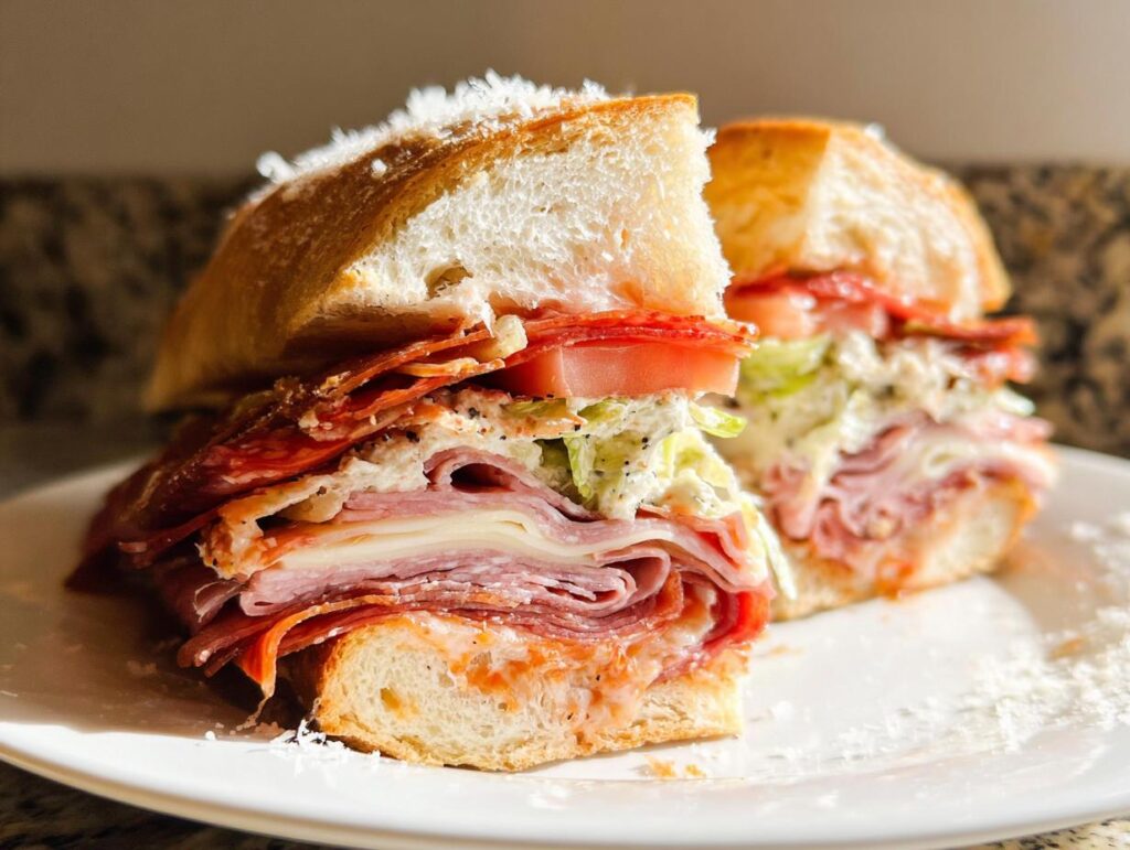A hearty Italian Grinder Salad Sandwich piled high with meats, cheese, lettuce, and tomato on a white plate.