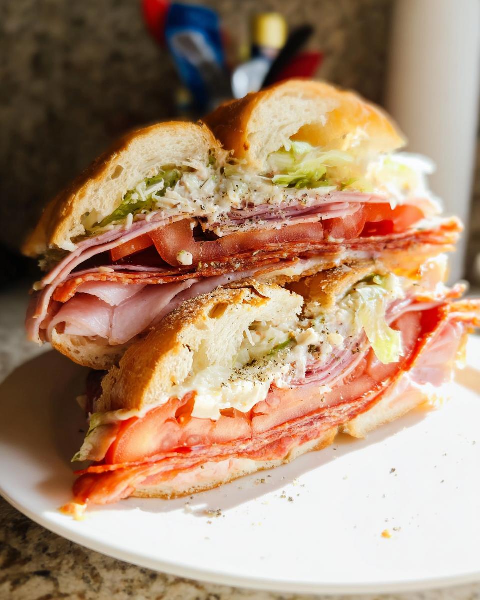 A close-up of a hearty Italian Grinder Salad Sandwich, packed with meats, tomatoes, lettuce, and dressing on a bun.
