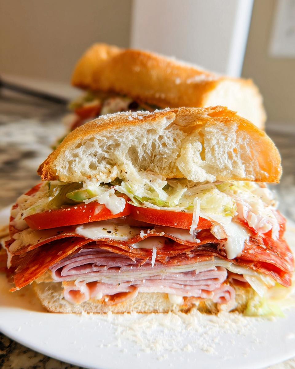 Close-up of a fully loaded Italian Grinder Salad Sandwich with layers of meat, cheese, lettuce, and tomato on a crusty roll.