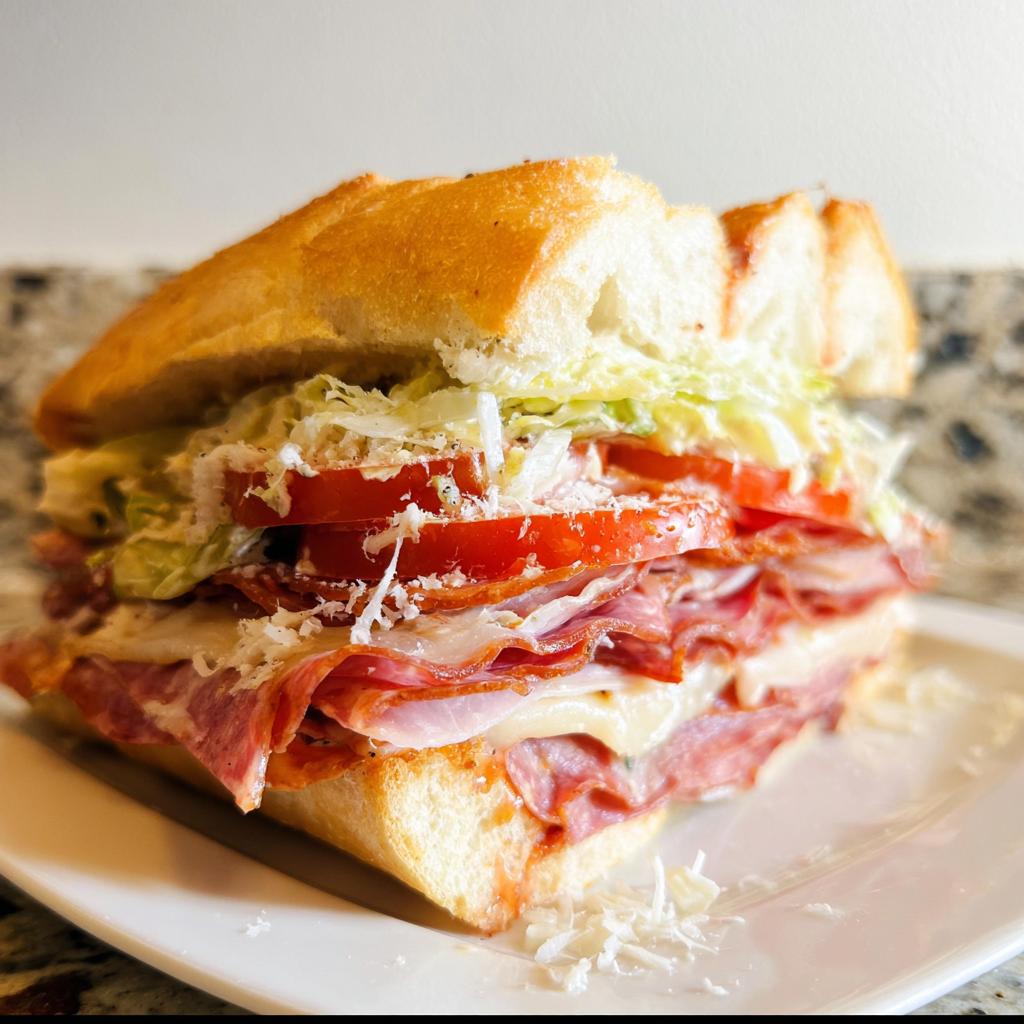 A close-up of a loaded Italian Grinder Salad Sandwich with layers of meat, cheese, tomatoes, and lettuce on a roll.