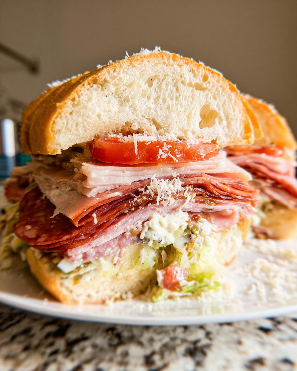 A close-up of a fully assembled Italian Grinder Salad Sandwich, packed with layers of deli meats, lettuce, tomato, and cheese.