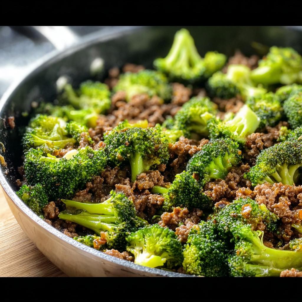 A close-up of a Keto Hamburger Broccoli Skillet in a pan, featuring seasoned ground beef and vibrant broccoli florets.