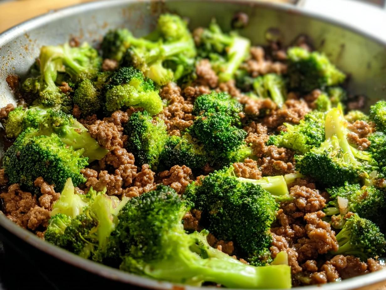 A close-up view of a Keto Hamburger Broccoli Skillet in a pan, showing ground beef mixed with fresh broccoli florets.