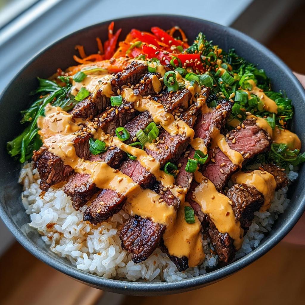 Close-up of a delicious Korean BBQ Steak Rice Bowl topped with spicy cream sauce, sesame seeds, and green onions.