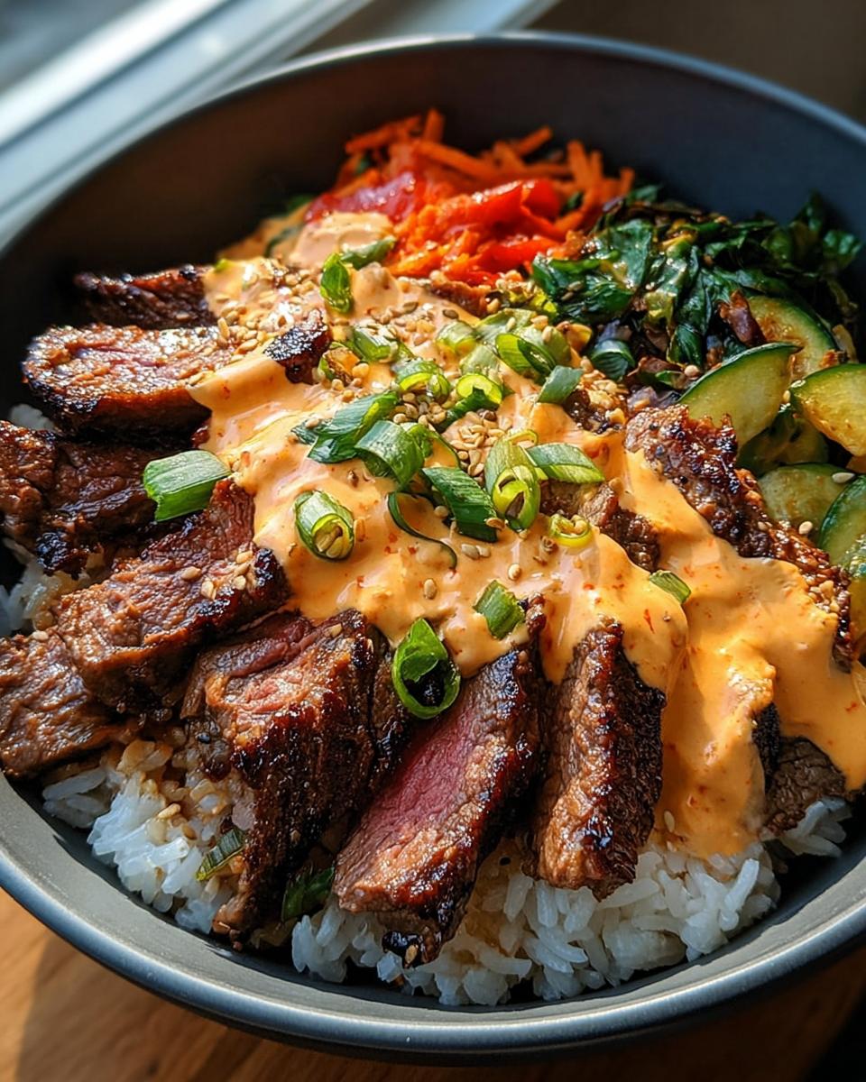 A close-up of Korean BBQ Steak Rice Bowls topped with spicy cream sauce, scallions, and sesame seeds.