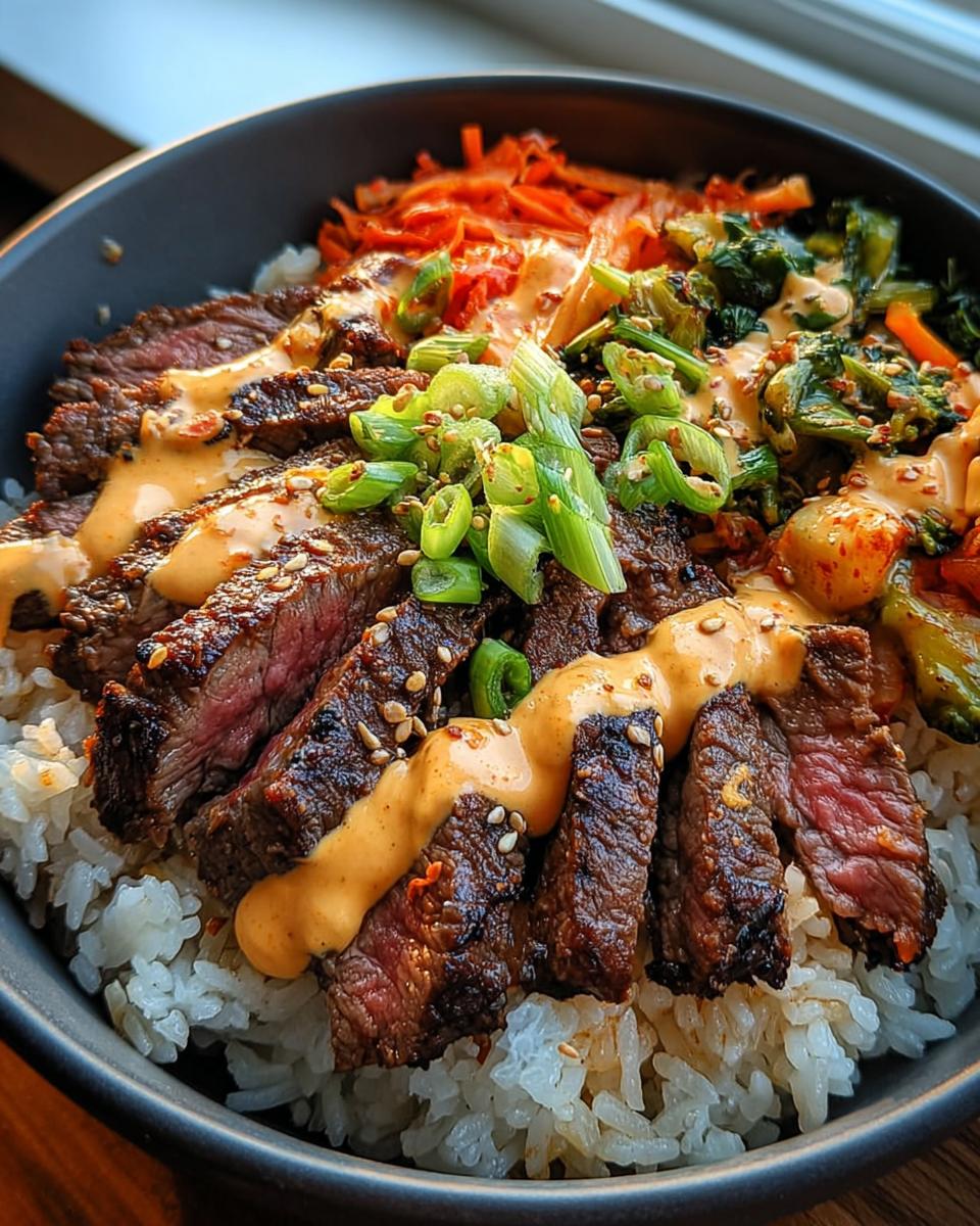 A close-up of Korean BBQ Steak Rice Bowls topped with spicy cream sauce, kimchi, and scallions.