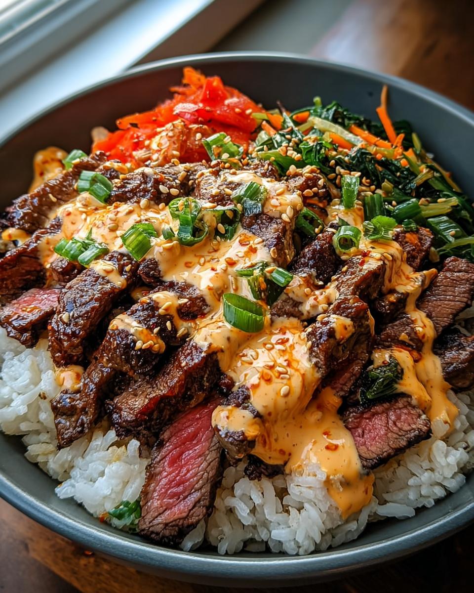 A bowl of Korean BBQ steak rice bowls topped with spicy cream sauce, sesame seeds, and green onions.