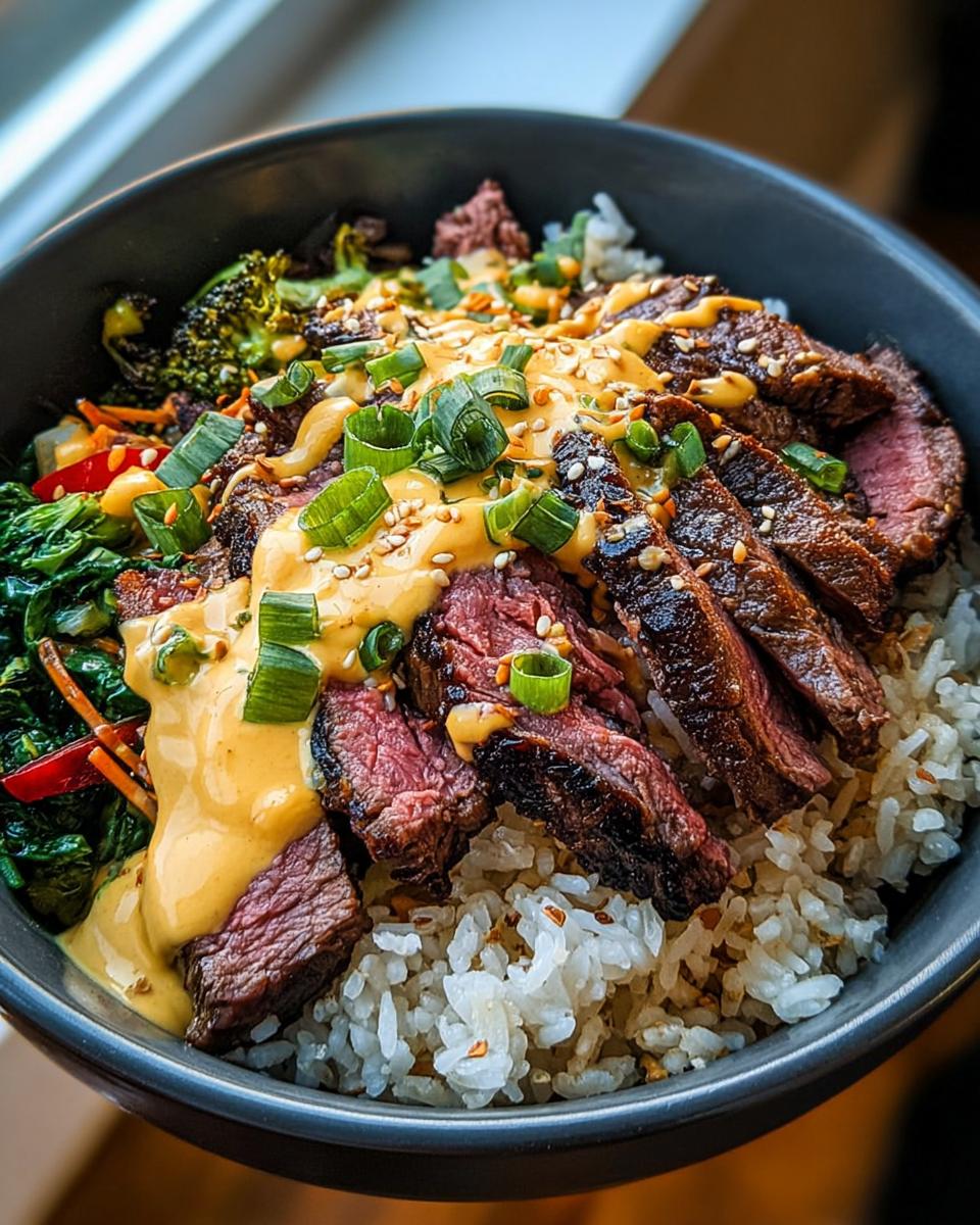 Close-up of Korean BBQ Steak Rice Bowls topped with spicy cream sauce, sesame seeds, and green onions.