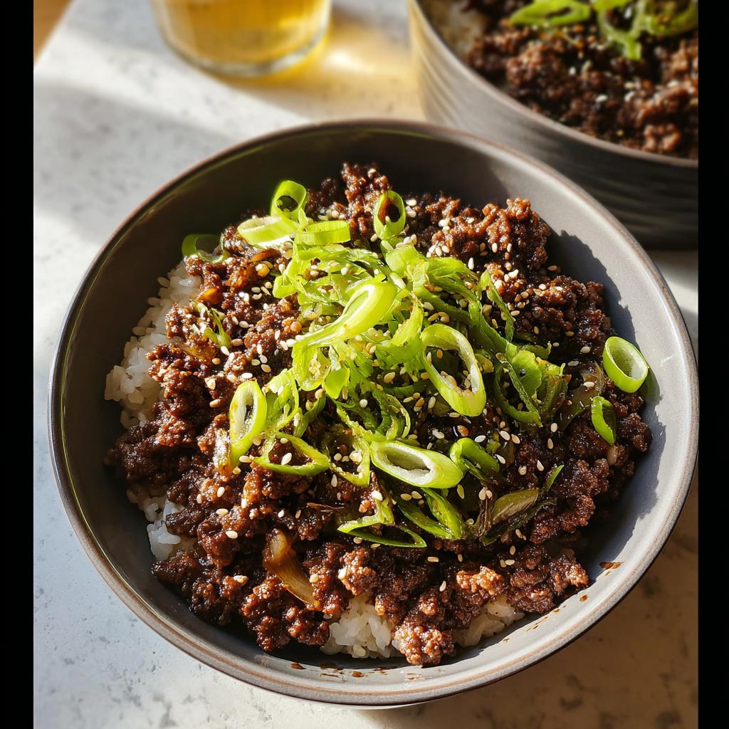 A close-up of a Korean Ground Beef Bowl, featuring seasoned ground beef over white rice, topped with fresh green onions and sesame seeds.