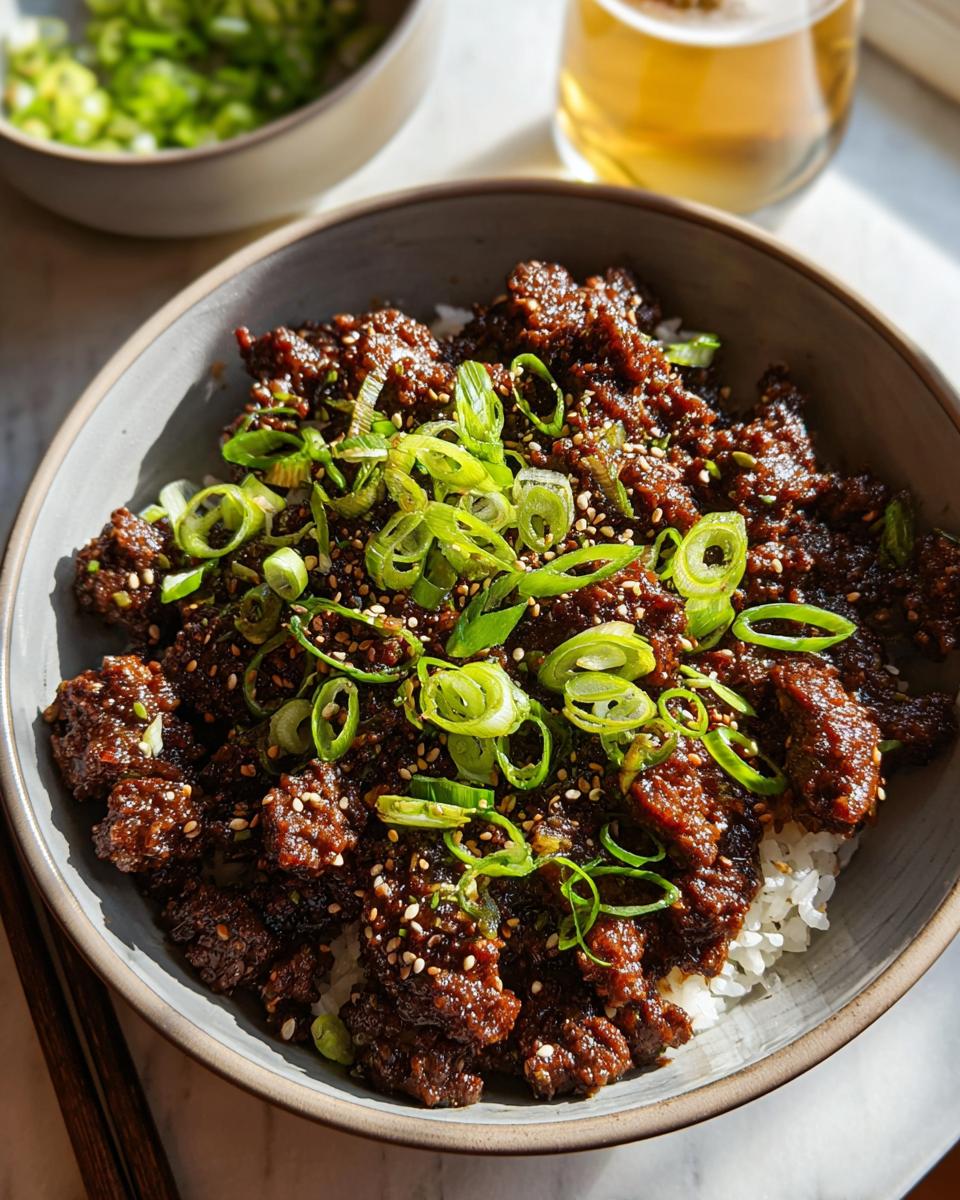 A close-up of a Korean Ground Beef Bowl served over white rice, topped with fresh scallions and sesame seeds.