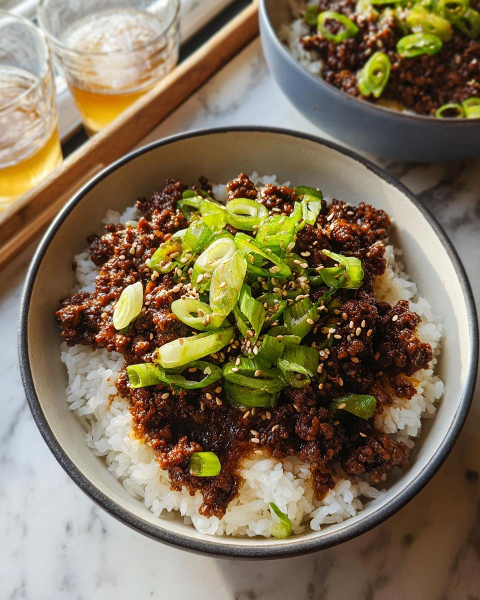 A close-up of a Korean Ground Beef Bowl served over white rice, topped with fresh scallions and sesame seeds.