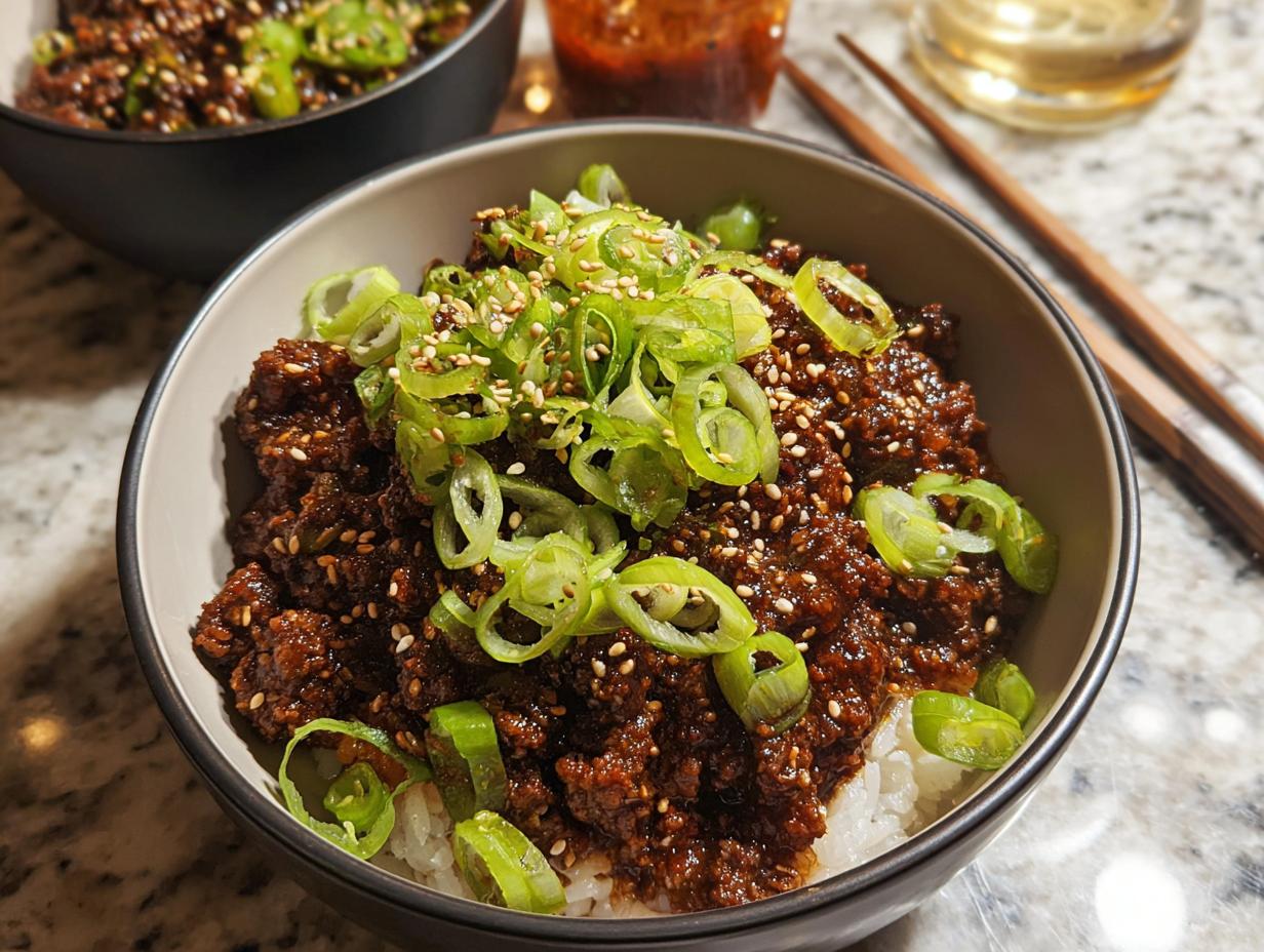 A close-up of a Korean Ground Beef Bowl filled with savory ground beef over white rice, topped with fresh green onions and sesame seeds.