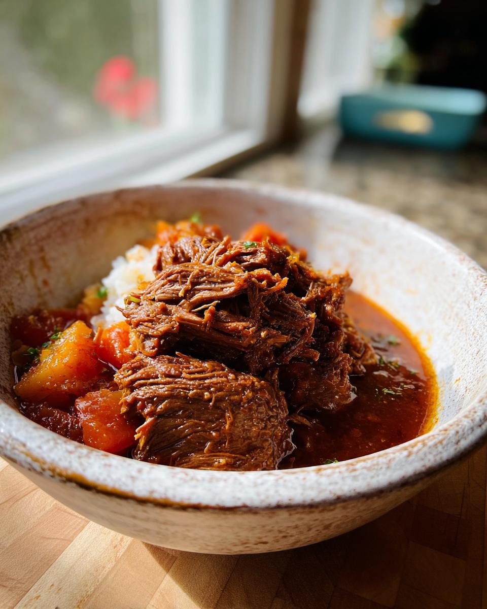A close-up of a bowl filled with fluffy white rice, tender shredded Korean Style Pot Roast, and chunks of carrots in a rich sauce.