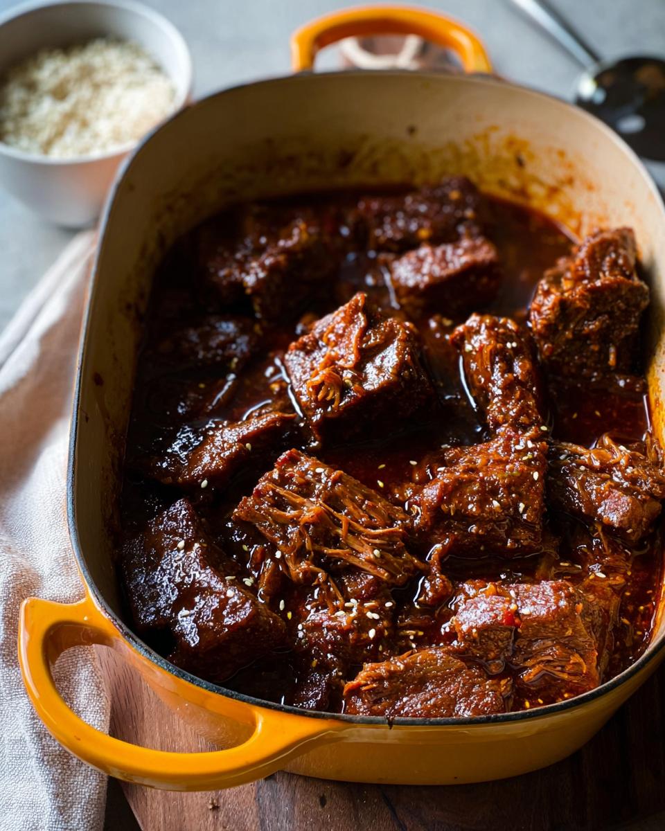Close-up of tender Korean Style Pot Roast braised in a rich, dark sauce, garnished with sesame seeds.