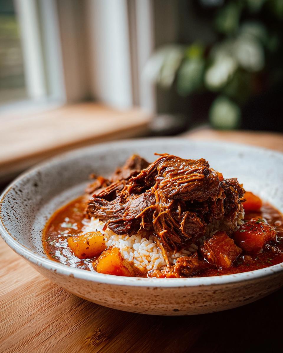 A bowl of Korean Style Pot Roast served over white rice with chunks of potato in a rich sauce.