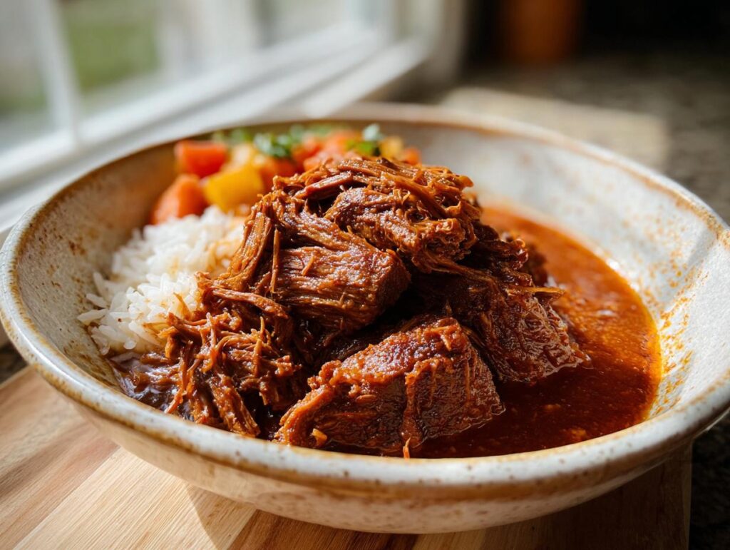A bowl of Korean Style Pot Roast served with white rice and mixed vegetables, featuring shredded and cubed tender beef in a rich sauce.