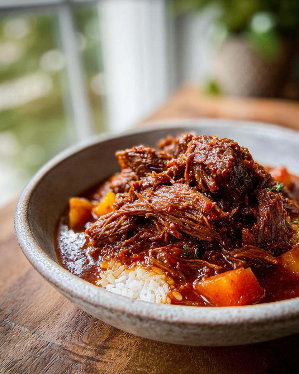 A close-up of a bowl filled with fluffy white rice topped with shredded Korean Style Pot Roast in a rich, dark sauce, with chunks of vegetables.