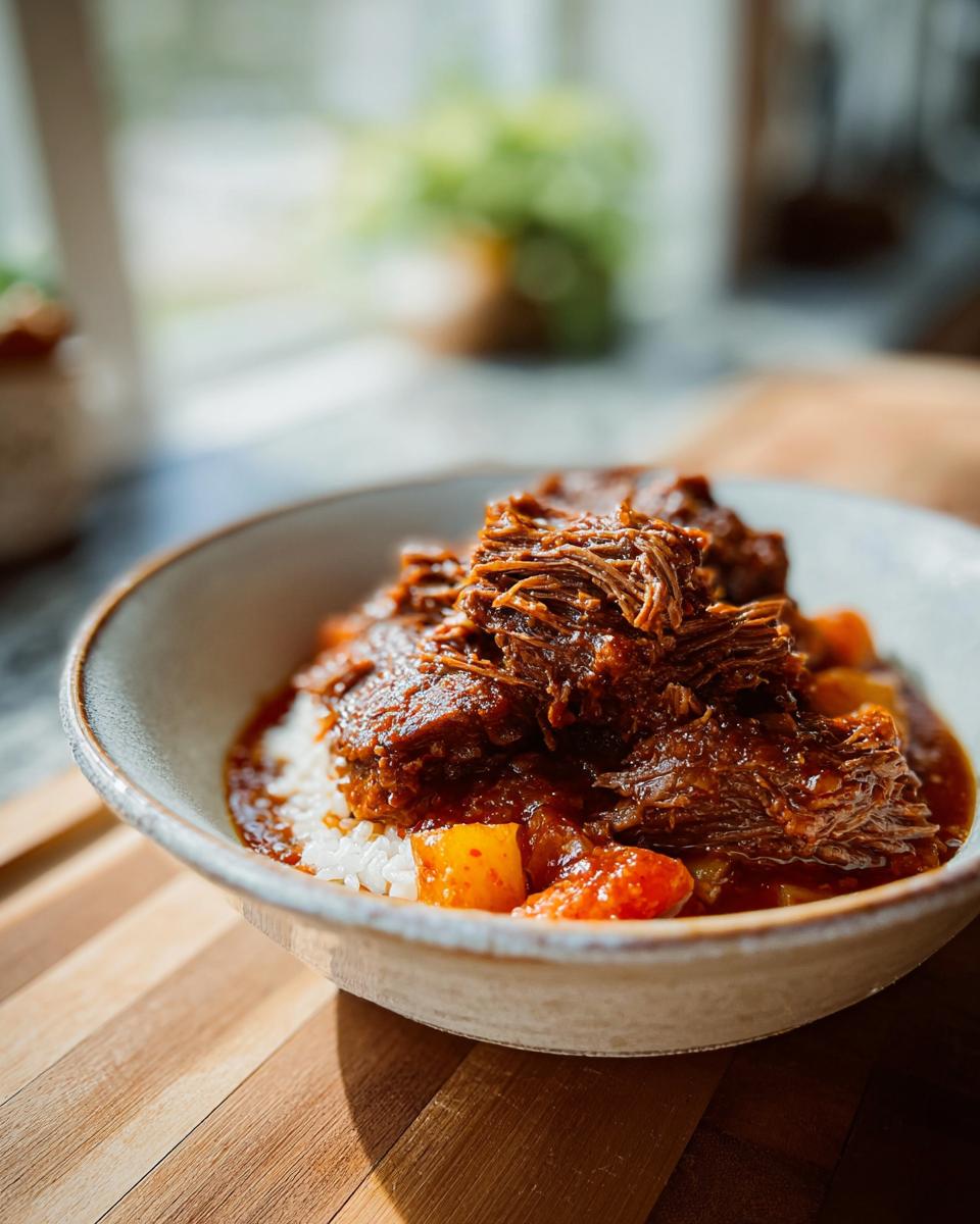 A close-up of tender Korean Style Pot Roast shredded and served over white rice with chunks of vegetables in a rich sauce.