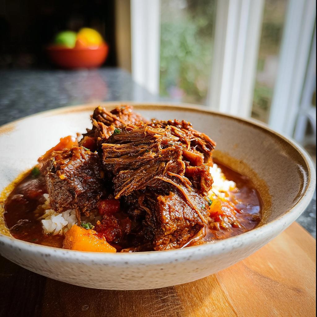 A bowl filled with fluffy white rice topped with shredded Korean Style Pot Roast and rich, savory sauce.