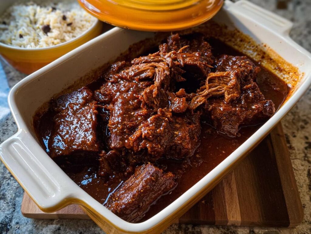 Close-up of a Korean Style Pot Roast, with tender, shredded beef in a rich, dark sauce, served in a baking dish.