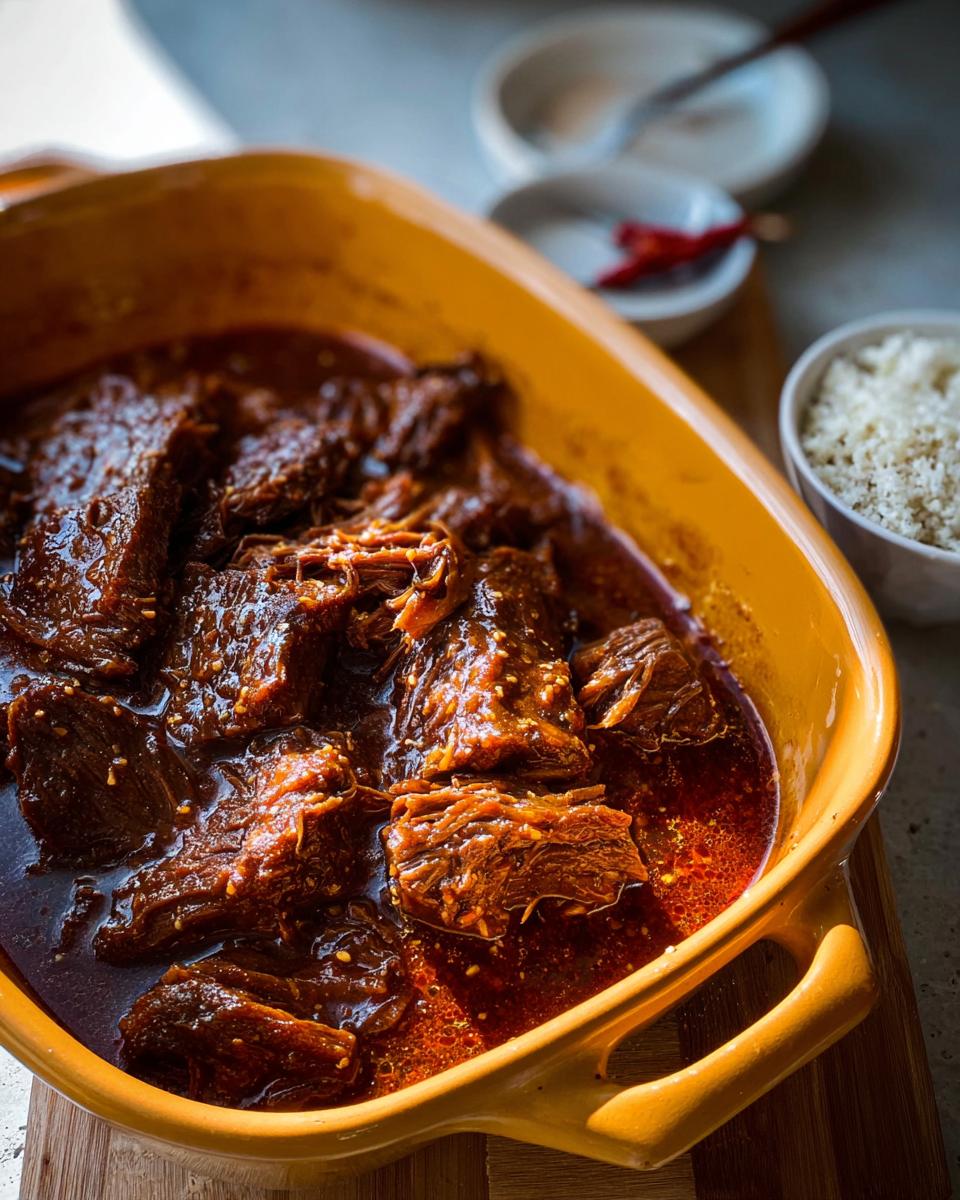 Close-up of tender chunks of Korean Style Pot Roast simmering in a rich, dark sauce in a yellow dish.