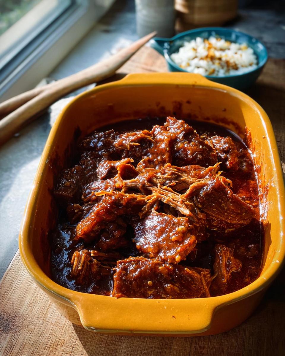 Close-up of tender Korean Style Pot Roast in a rich, dark sauce, served in a yellow baking dish.
