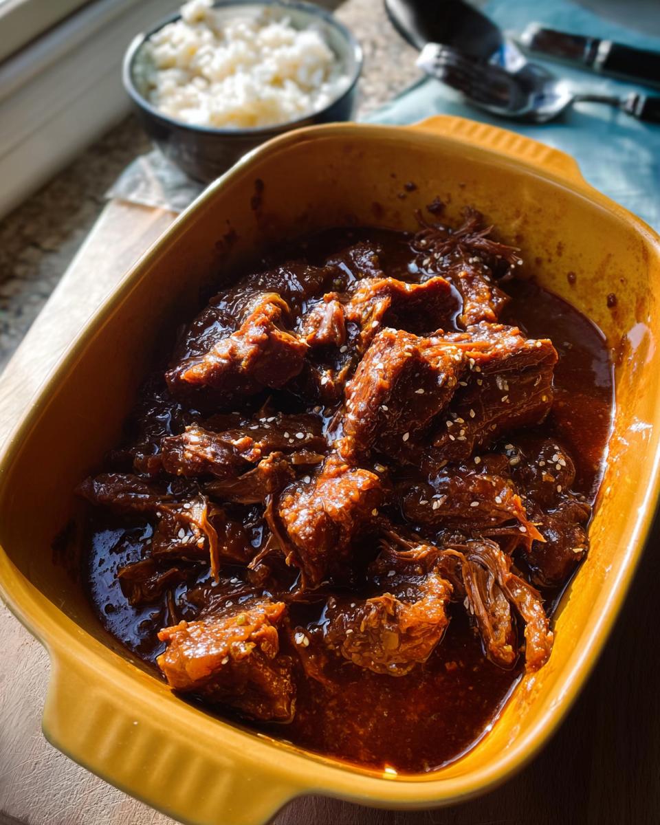 A close-up of tender Korean Style Pot Roast in a rich, dark sauce, garnished with sesame seeds.