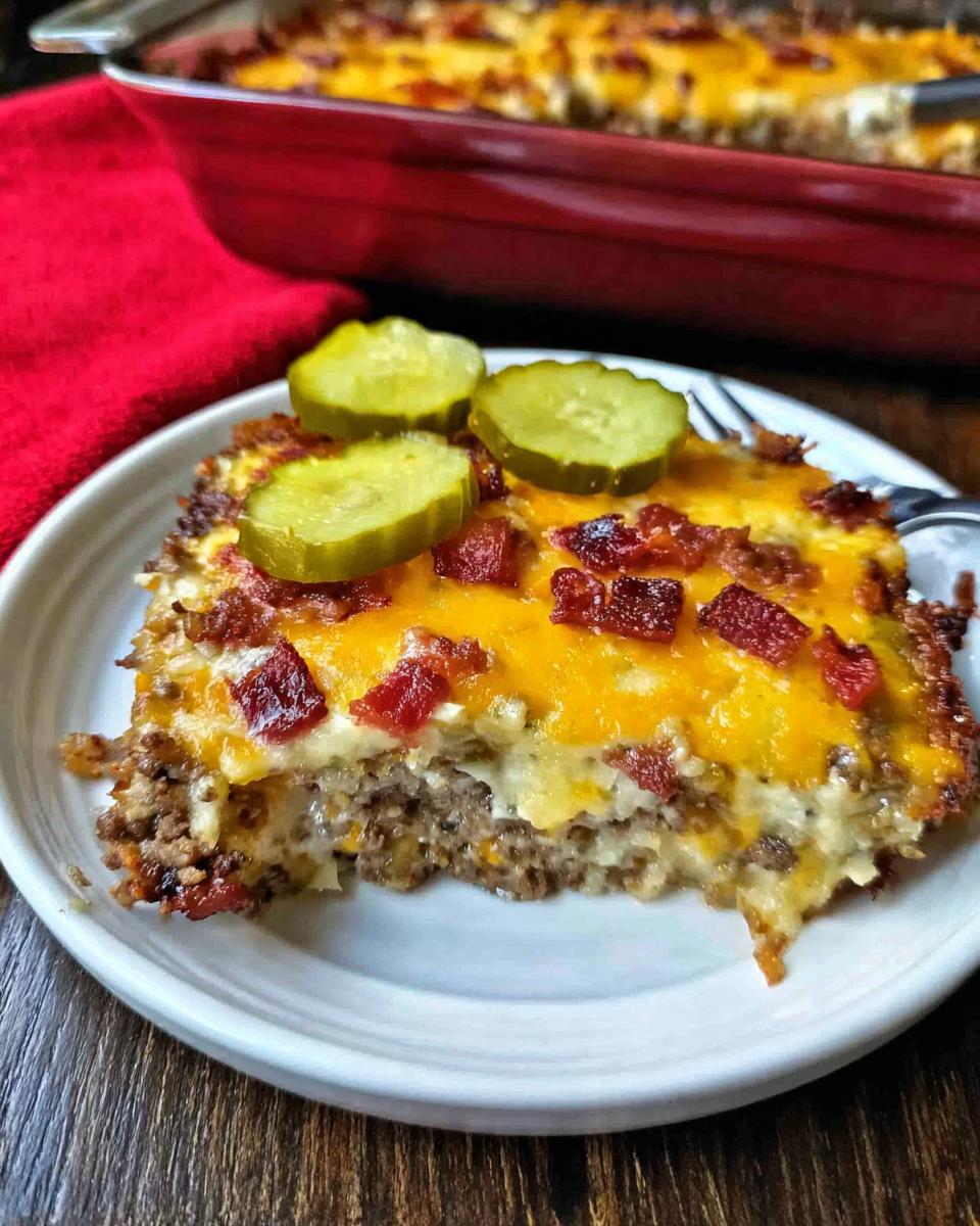 A slice of Low-Carb Bacon Cheeseburger Casserole topped with melted cheese, bacon bits, and pickles.