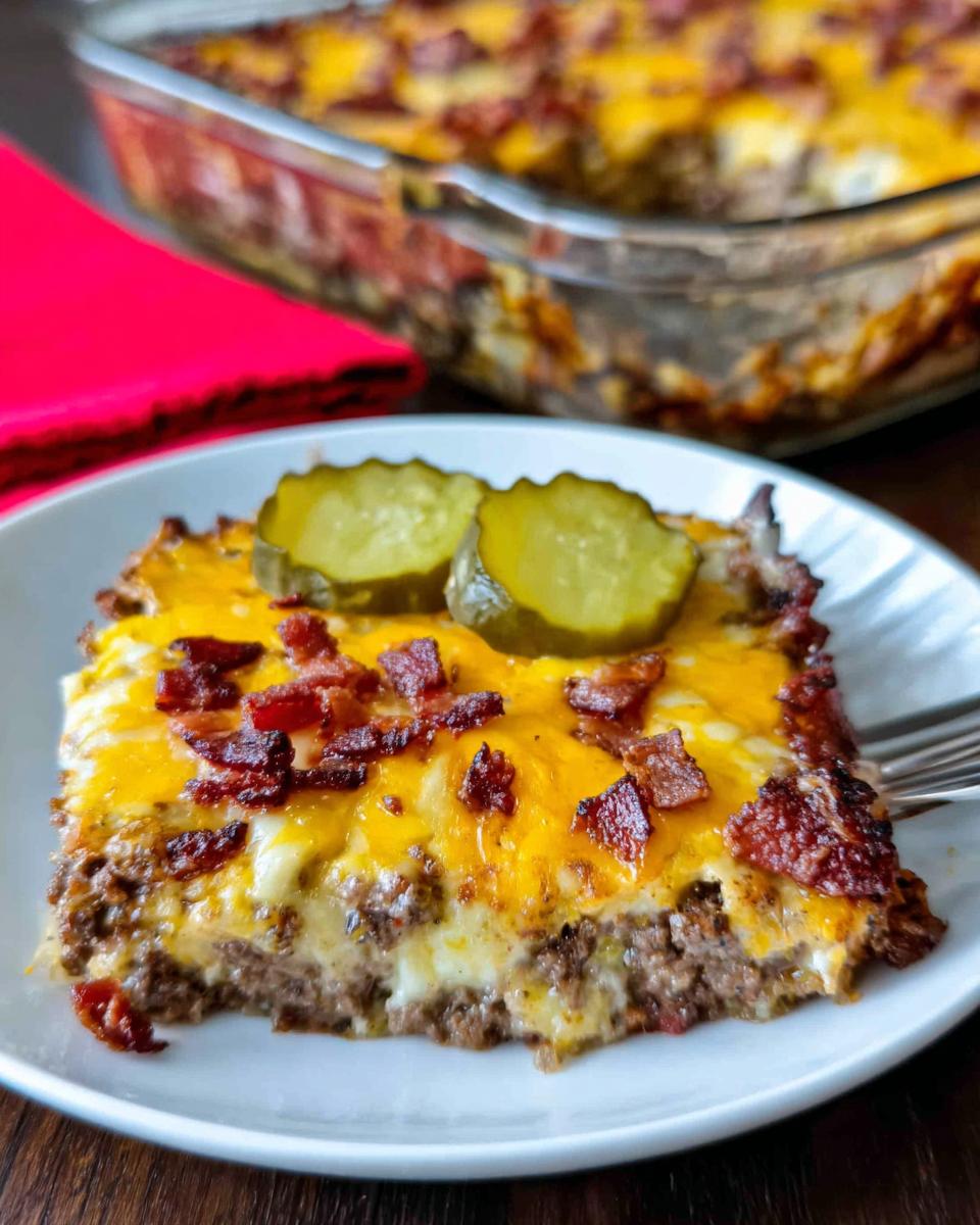 A delicious slice of Low-Carb Bacon Cheeseburger Casserole topped with melted cheese, bacon, and pickles.