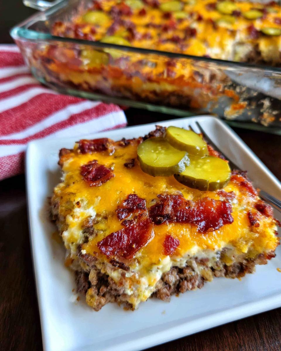 A delicious slice of Low-Carb Bacon Cheeseburger Casserole topped with melted cheese and pickles.