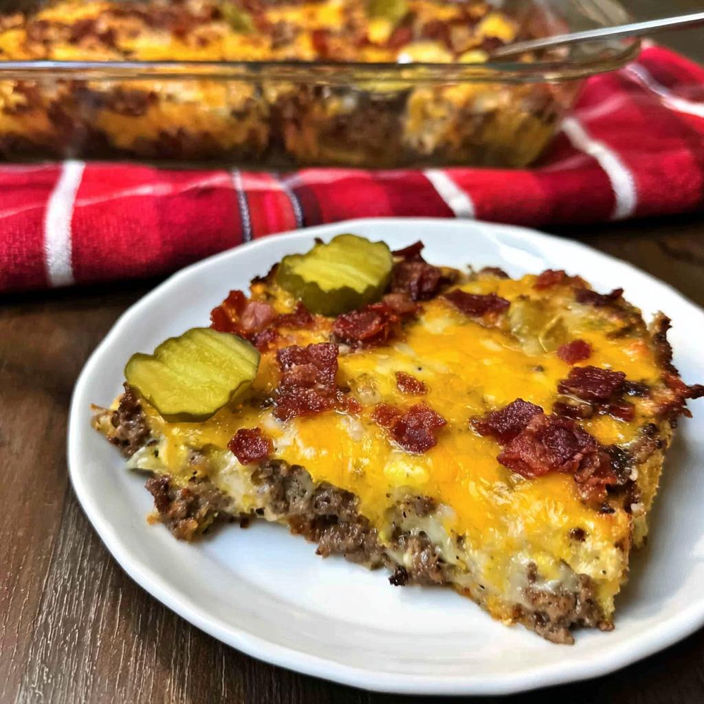 A slice of Low-Carb Bacon Cheeseburger Casserole topped with melted cheese, bacon bits, and pickles.