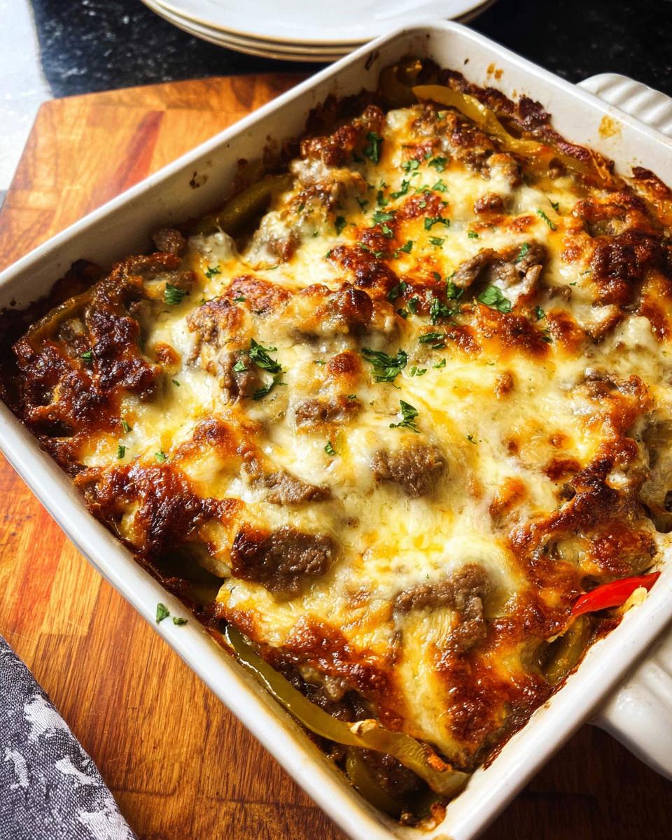 A golden-brown baked Low Carb Philly Cheesesteak Casserole in a white dish, topped with melted cheese and parsley.