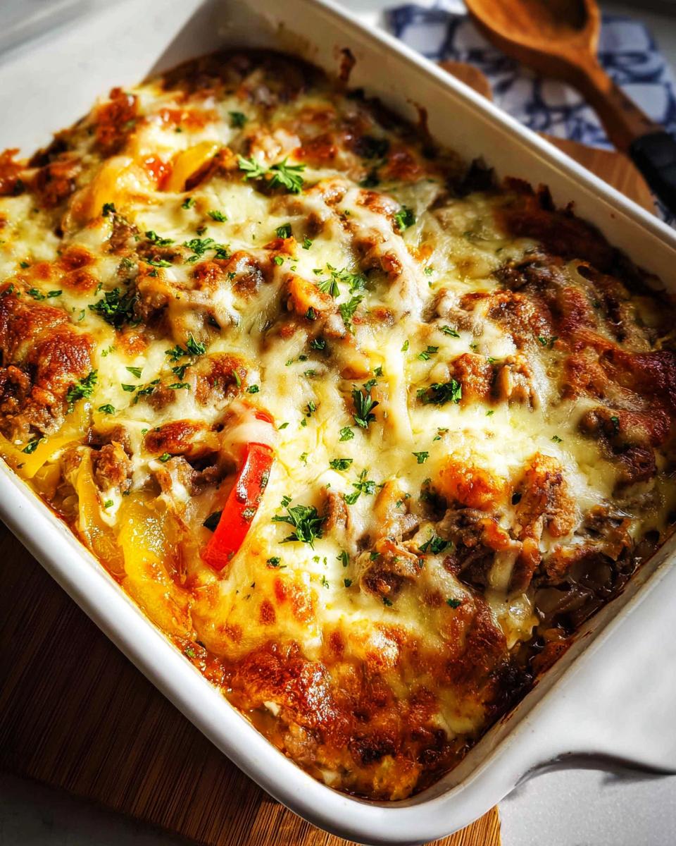 A golden-brown baked Low Carb Philly Cheesesteak Casserole in a white baking dish, topped with melted cheese and parsley.