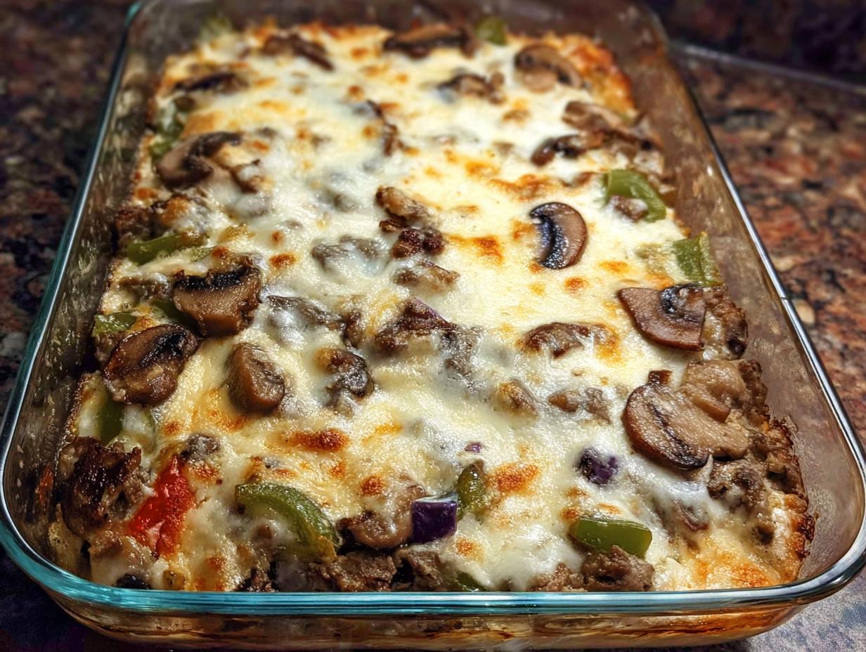 Close-up of a baked Low Carb Philly Cheesesteak Casserole in a glass dish, topped with melted cheese, mushrooms, and peppers.