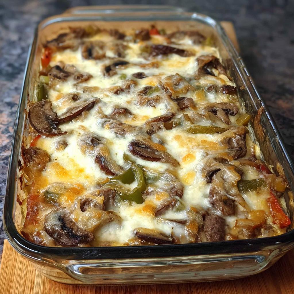 A bubbling Low Carb Philly Cheesesteak Casserole with melted cheese, steak, mushrooms, and peppers in a glass baking dish.