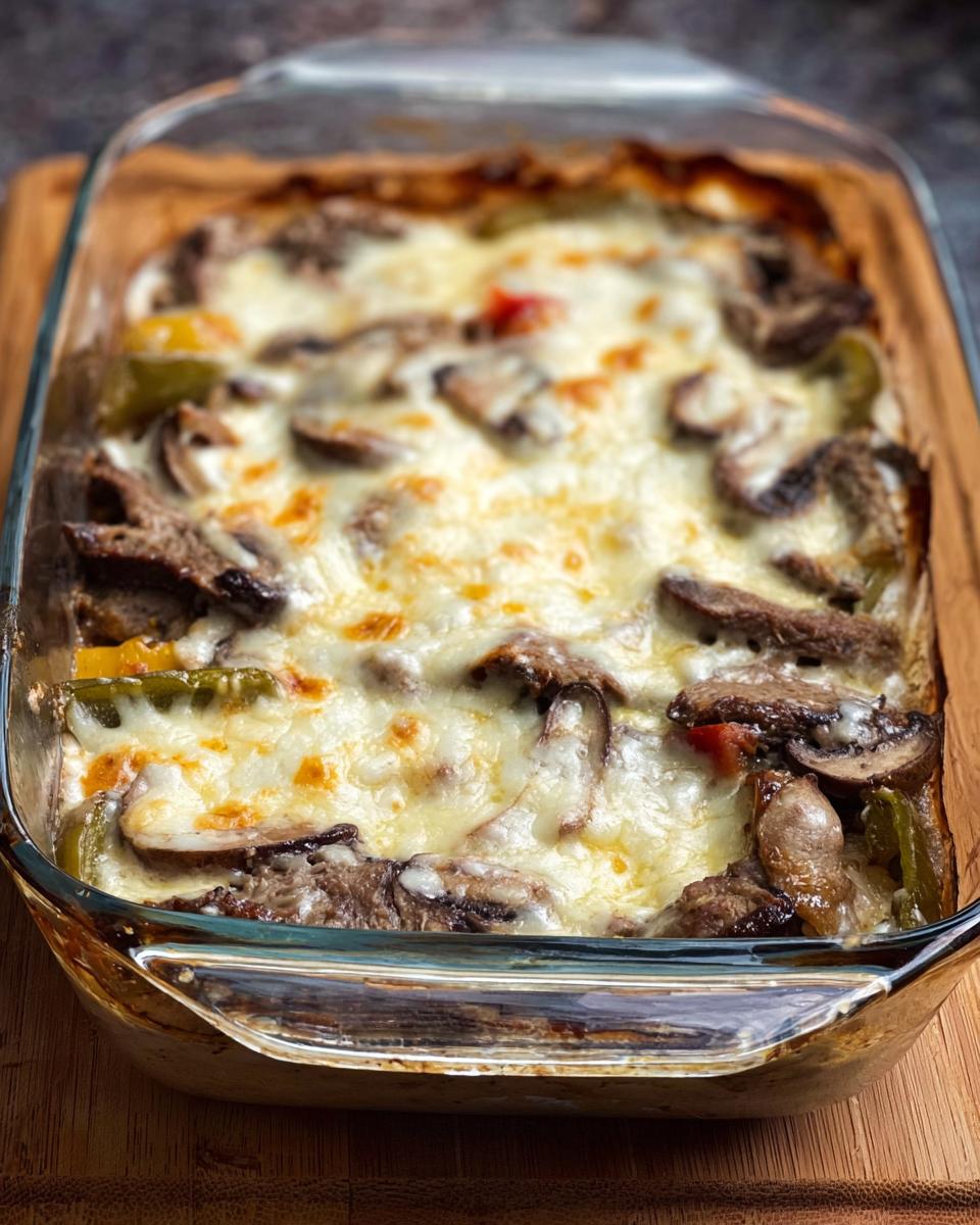 A bubbling Low Carb Philly Cheesesteak Casserole topped with melted cheese, steak, mushrooms, and peppers in a glass baking dish.