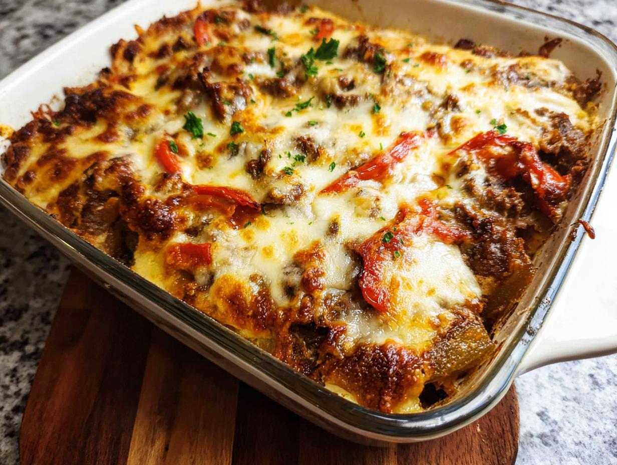 A golden-brown, bubbly Low Carb Philly Cheesesteak Casserole topped with melted cheese and fresh parsley in a baking dish.