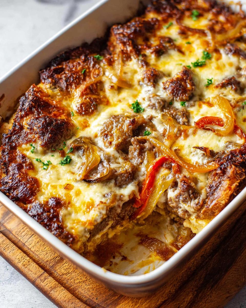 A close-up of a bubbling Low Carb Philly Cheesesteak Casserole in a baking dish, topped with melted cheese, steak, and onions.