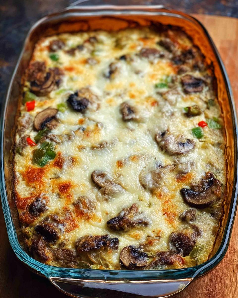 A close-up overhead view of a baked Low Carb Philly Cheesesteak Casserole in a glass dish, topped with melted cheese and mushrooms.