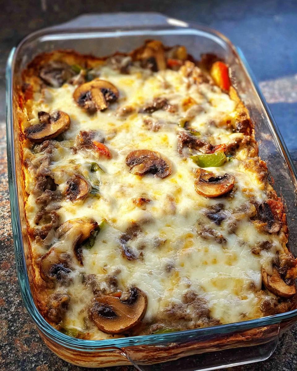 A close-up of a bubbling Low Carb Philly Cheesesteak Casserole in a glass baking dish, topped with melted cheese, mushrooms, and ground beef.