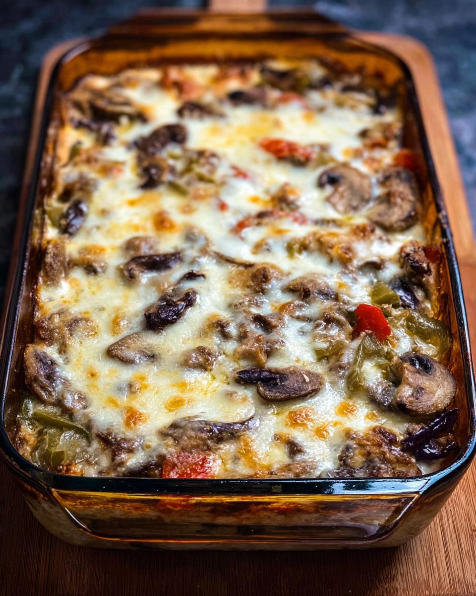 A bubbling Low Carb Philly Cheesesteak Casserole topped with melted cheese, mushrooms, and peppers in a glass baking dish.