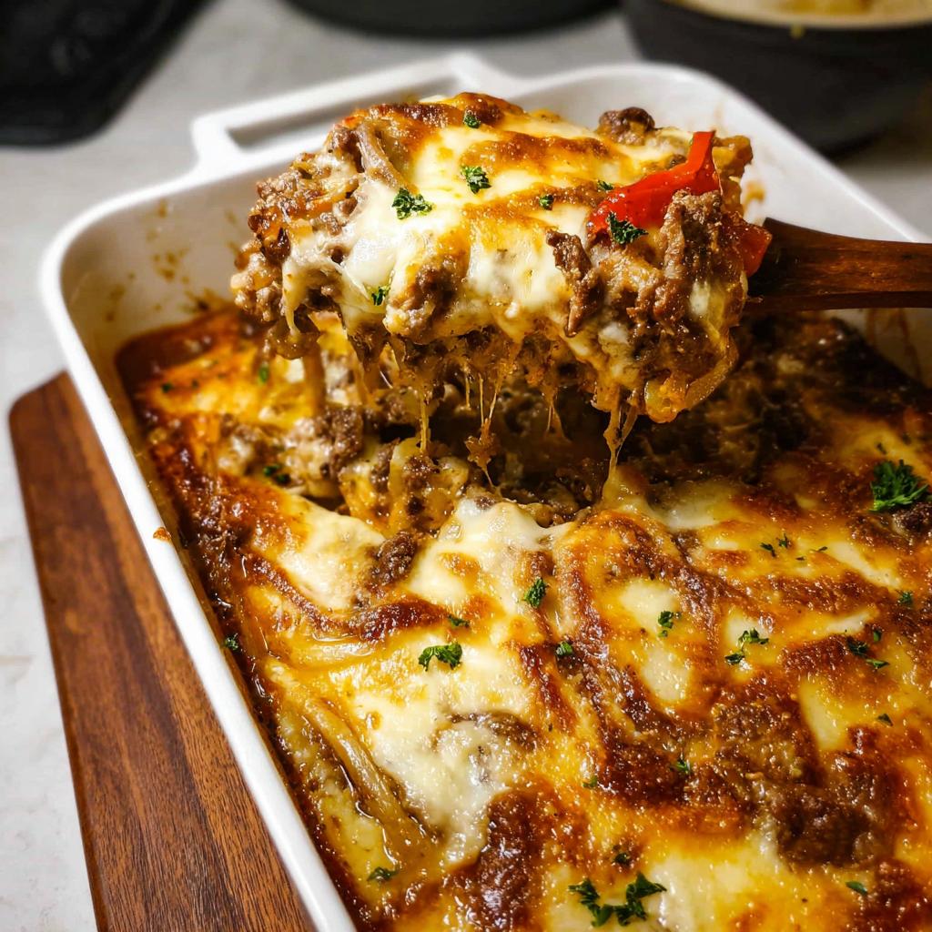 A scoop of cheesy Low Carb Philly Cheesesteak Casserole being lifted from a baking dish, showing melted cheese and ground beef.